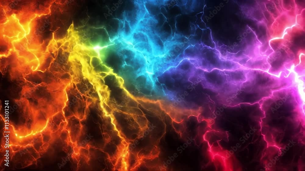 Poster vibrant rainbow lightning strikes across a dark, textured background, creating an electrifying visua