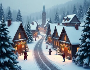 Fototapeta premium The winter christmas village is a beautiful sight. The snow is falling gently and the lights are shining brightly. The houses are covered in sparkling white, and the streets are lined with trees. It's