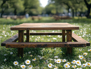 Naklejka premium A rustic wooden picnic table sits in a field of daisies, surrounded by greenery and a peaceful park atmosphere.