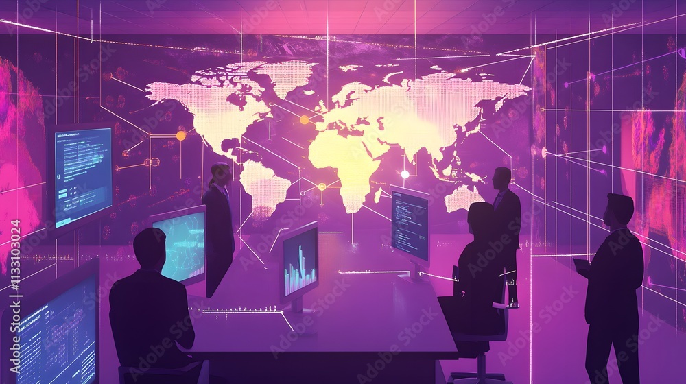 Poster global network team analyzing data in a modern office