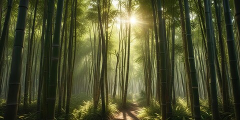 Fototapeta premium Dense bamboo grove with sunlight filtering through the stalks , foliage, serene landscape, nature photography