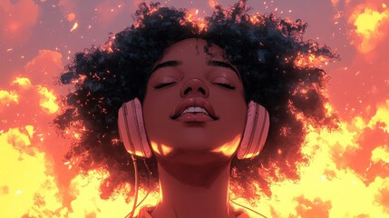Serene Black woman with headphones, surrounded by fiery sunset.