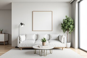 Naklejka premium Modern Minimalist Living Room with White Sofa, Natural Light, and Greenery - Perfect for Relaxation and Contemporary Decor