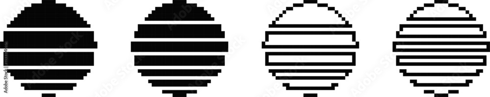 Poster simple pixel art showing four black and white striped ovals in a row.