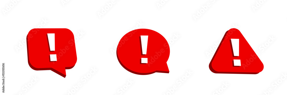 Poster three red symbols featuring exclamation marks within a speech balloon, circle, and triangle, represe