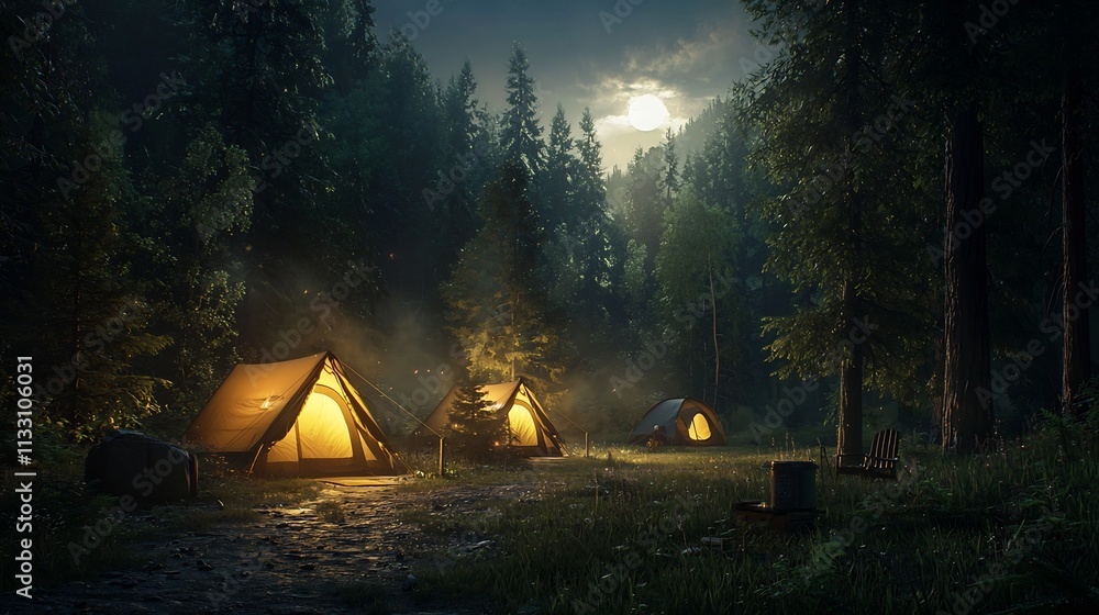 Poster a photograph of a campsite nestled in a forest clearing with glowing tents and the moonlight streami