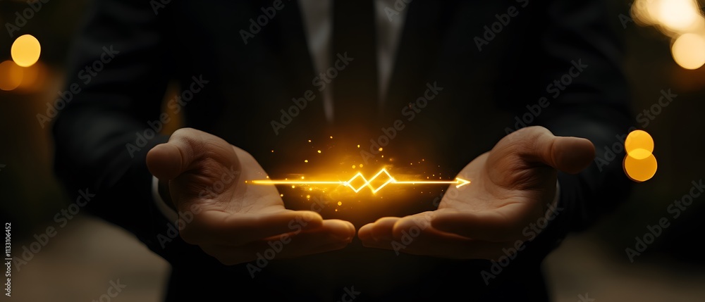Poster a business professional in a suit holding a glowing golden symbol of progress and innovation in thei