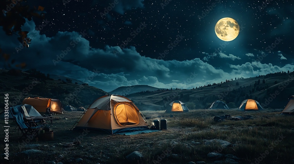 Poster a captivating photograph showcasing a tranquil campsite nestled in a landscape of rolling hills bath