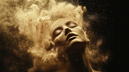 Dynamic portrait of a woman enveloped in golden smoke studio fine art photography ethereal mood