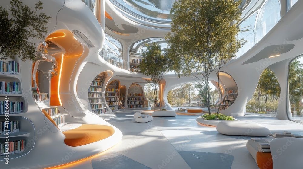 Poster a futuristic library with a blend of physical books and ar-enhanced spaces