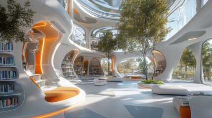 Fototapeta premium A futuristic library with a blend of physical books and AR-enhanced spaces