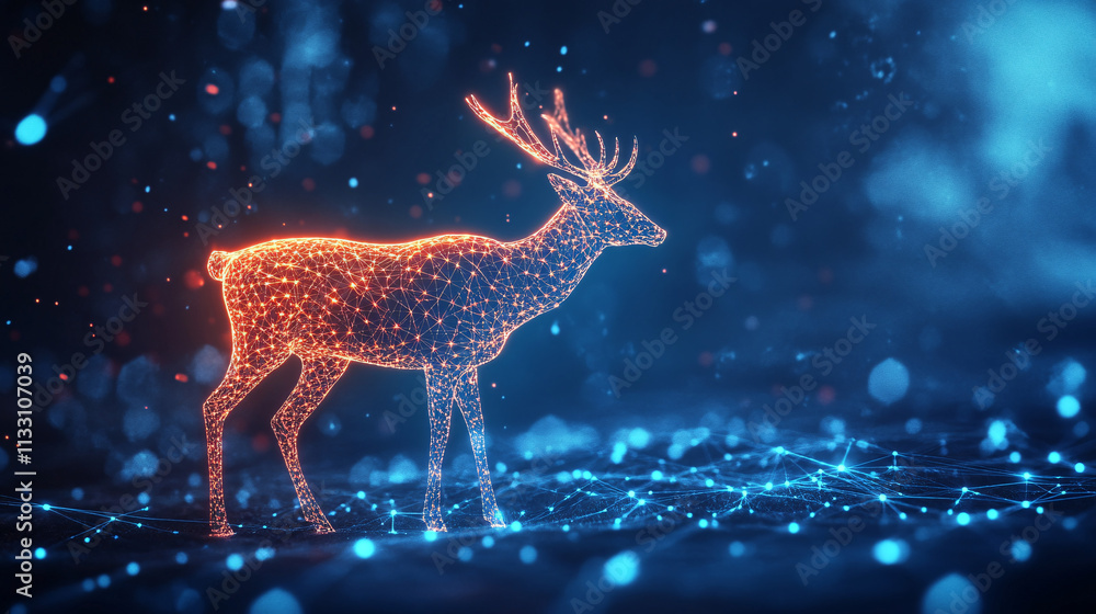 Poster a futuristic biostatistics icon linked to a glowing deer, symbolizing online research tools analyzin