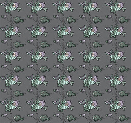 Seamless pattern with funny cartoon fish characters