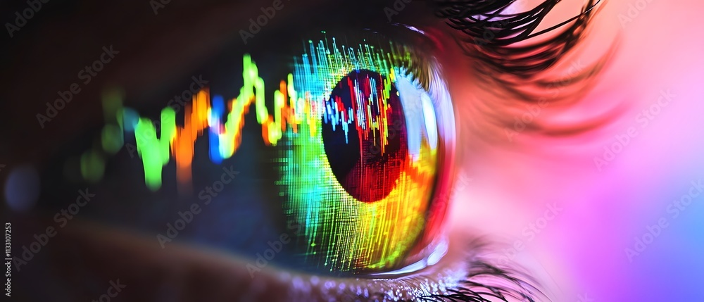 Poster Close-Up of Colorful Eye with Abstract Digital Graphics Reflecting on the Eyeball, Representing Data, Technology, and Visual Innovation in a Vibrant Artwork