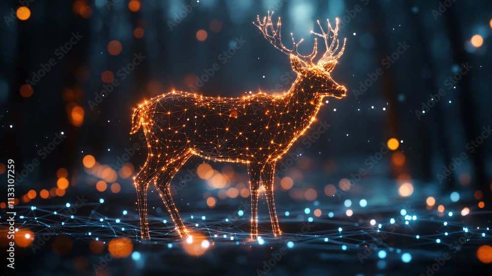 Poster a futuristic biostatistics icon linked to a glowing deer, symbolizing online research tools analyzin
