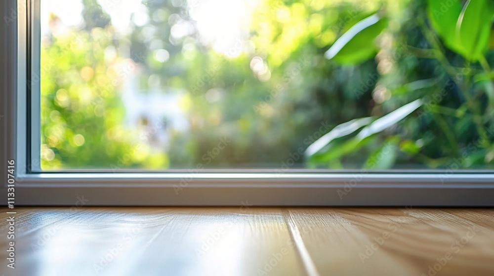 Poster sunlight through window: wooden floor and window view. perfect for product display or home decor.