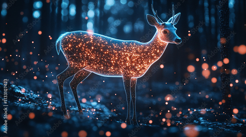 Poster a futuristic biostatistics icon linked to a glowing deer, symbolizing online research tools analyzin