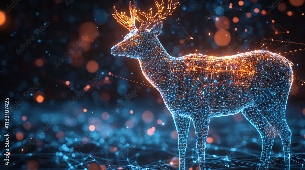 Poster a futuristic biostatistics icon linked to a glowing deer, symbolizing online research tools analyzin