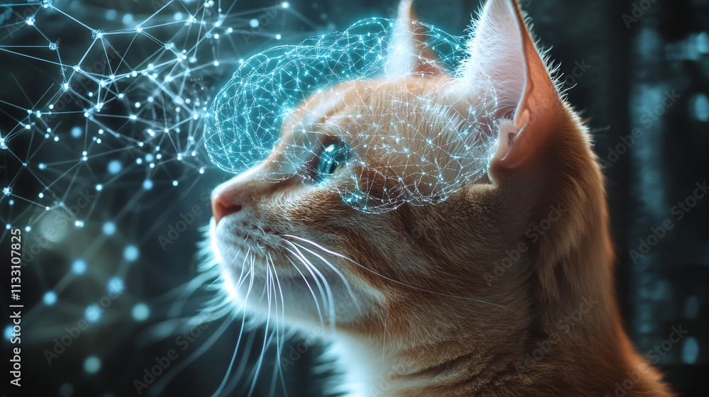 Poster a futuristic brain icon linked to a cat, symbolizing online studies in animal cognition and behavior