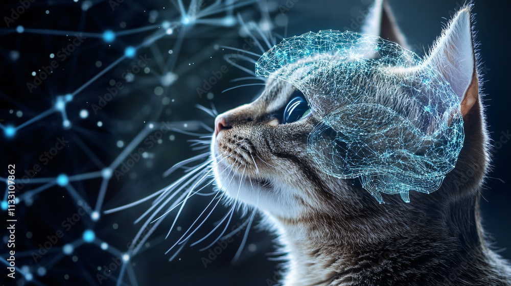 Poster a futuristic brain icon linked to a cat, symbolizing online studies in animal cognition and behavior