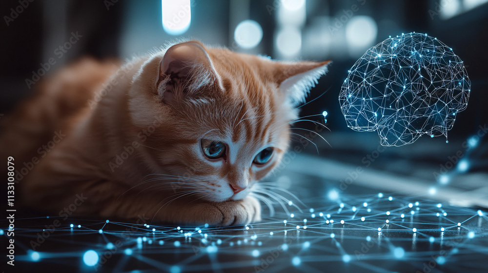 Poster a futuristic brain icon linked to a cat, symbolizing online studies in animal cognition and behavior