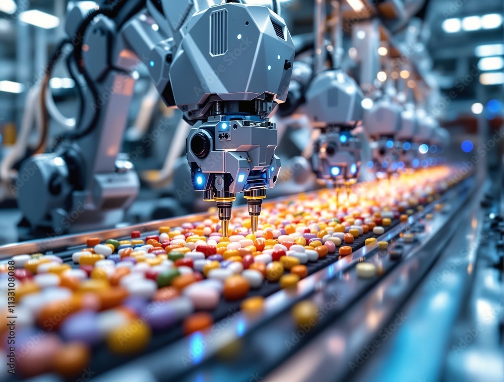 Poster automated pill production line. robots precisely package pharmaceuticals.