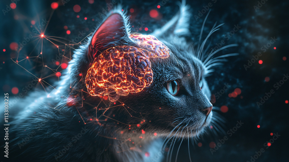 Poster a futuristic brain icon linked to a cat, symbolizing online studies in animal cognition and behavior
