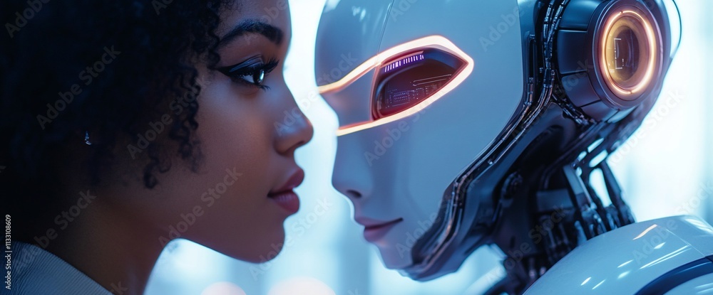 Poster a close encounter between a woman and a futuristic robot.