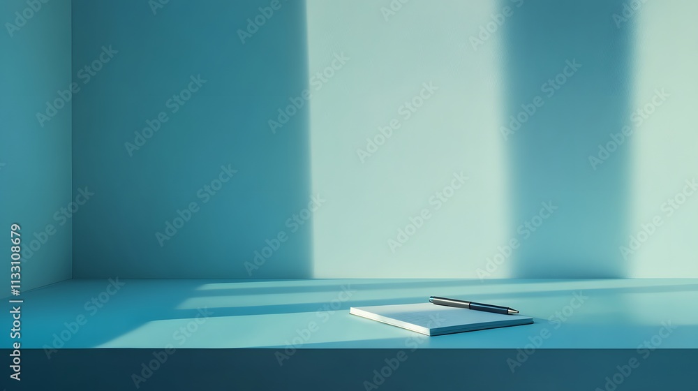 Poster Notebook and Pen Resting on a Teal Surface