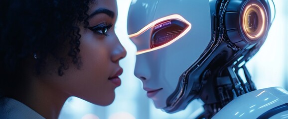 A close encounter between a woman and a futuristic robot.