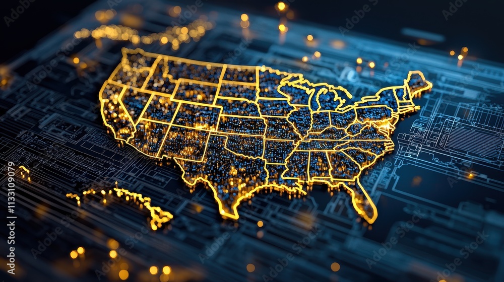 Aufkleber a digital map of the united states illuminated in yellow, featuring circuit-like patterns and glowin