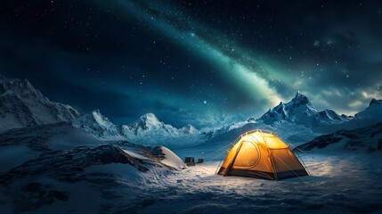 Breathtaking campsite nestled under the mesmerizing display of the aurora borealis with tents glowing warmly on a snowy hill the northern lights reflecting on a nearby icy surface