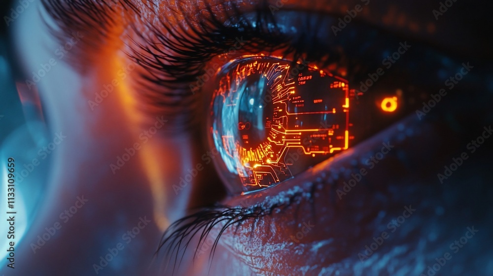Poster a close-up of an eye reflecting digital circuitry and technology.
