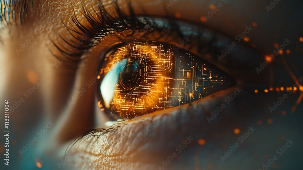 Poster a close-up of an eye with digital circuitry, symbolizing technology and vision.