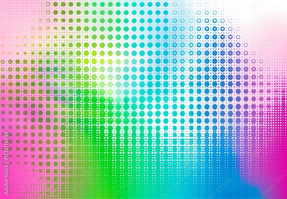 Poster colorful halftone background with gradient dots and circles in various sizes, creating an abstract p