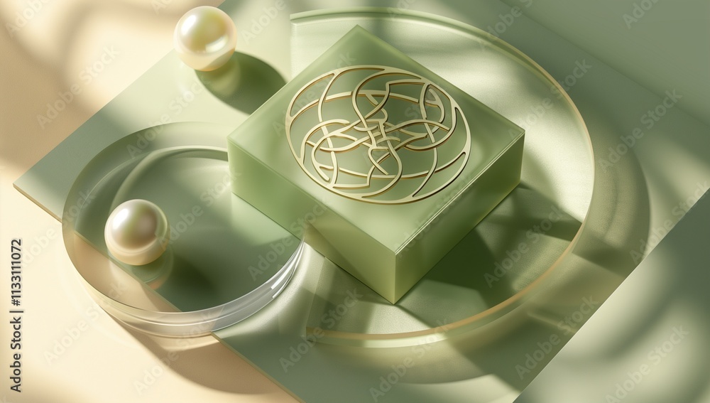 Poster a square box with a gold celtic pattern on the lid, surrounded by three pearls placed in circular gl