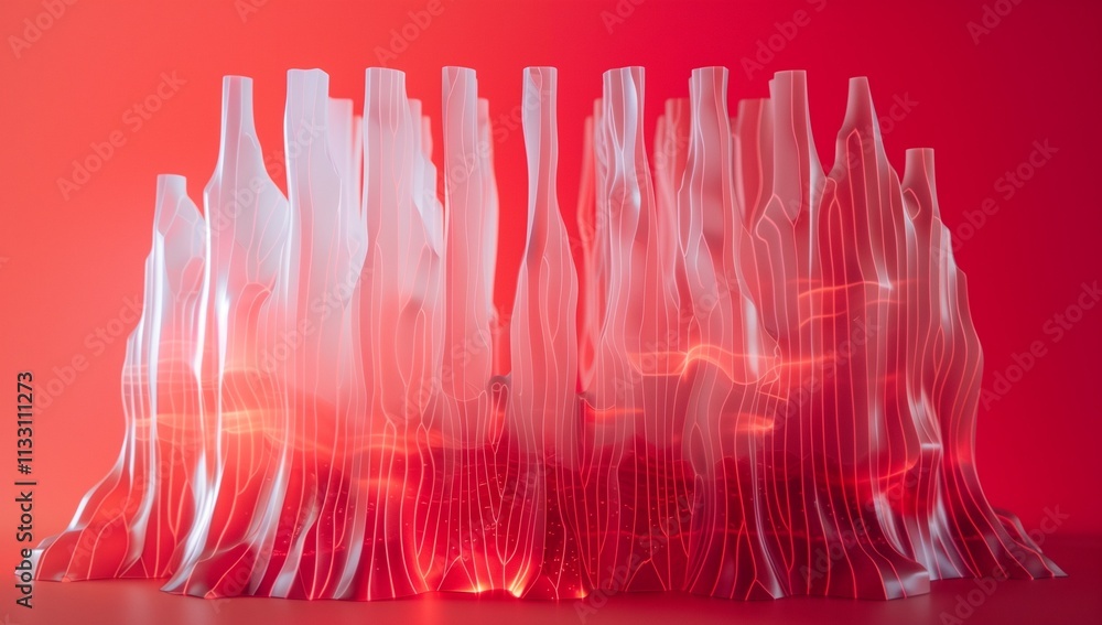 Poster a red gradient background with translucent white lines, creating an abstract sculpture of multiple b