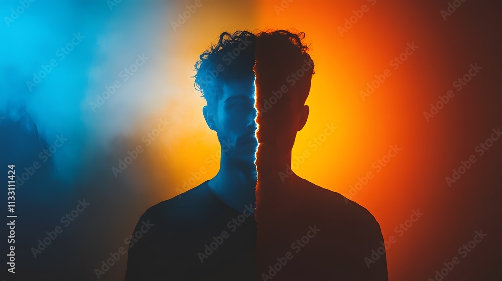 Aufkleber Duality of Emotions: A Creative Portrait with a Split Color Effect Showcasing the Contrast of Light and Shadow in a Modern Artistic Style