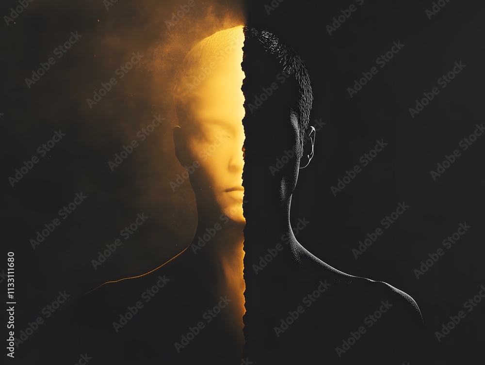 Poster Portrait of a Mystical Figure with a Split Face in Dramatic Light and Shadow, Evoking Themes of Duality, Transformation, and Inner Conflict