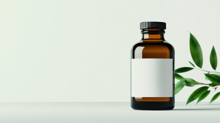 Minimalist brown glass bottle with blank label and green leaves