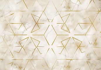 Composition of beige marble texture with golden lines in the form of triangles and hexagons.