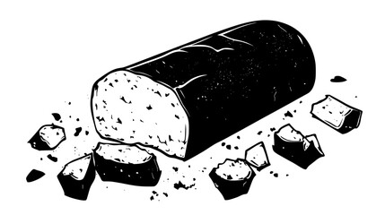 Whole goat cheese log on a flat surface with crumbles scattered nearby, Culinary Vector Graphic