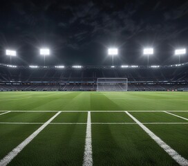 Fototapeta premium Football field under night sky with stadium lights, arena, sports equipment, illumination
