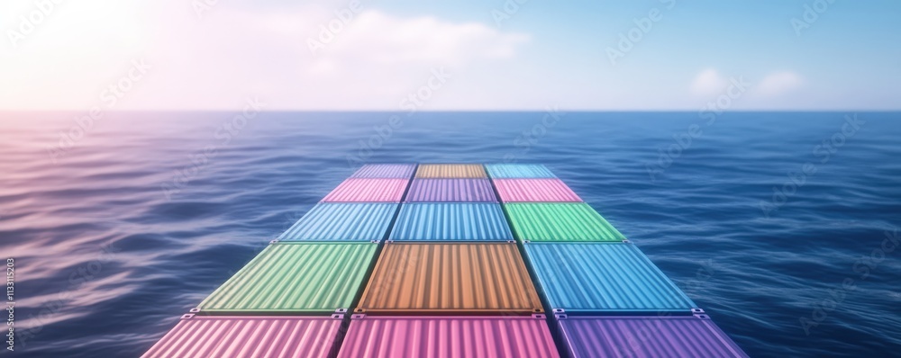 Poster a vibrant array of colorful shipping containers arranged on a platform over calm ocean waters, refle