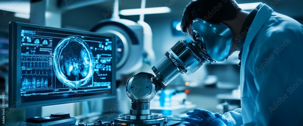 Poster A scientist using a microscope in a high-tech laboratory environment.