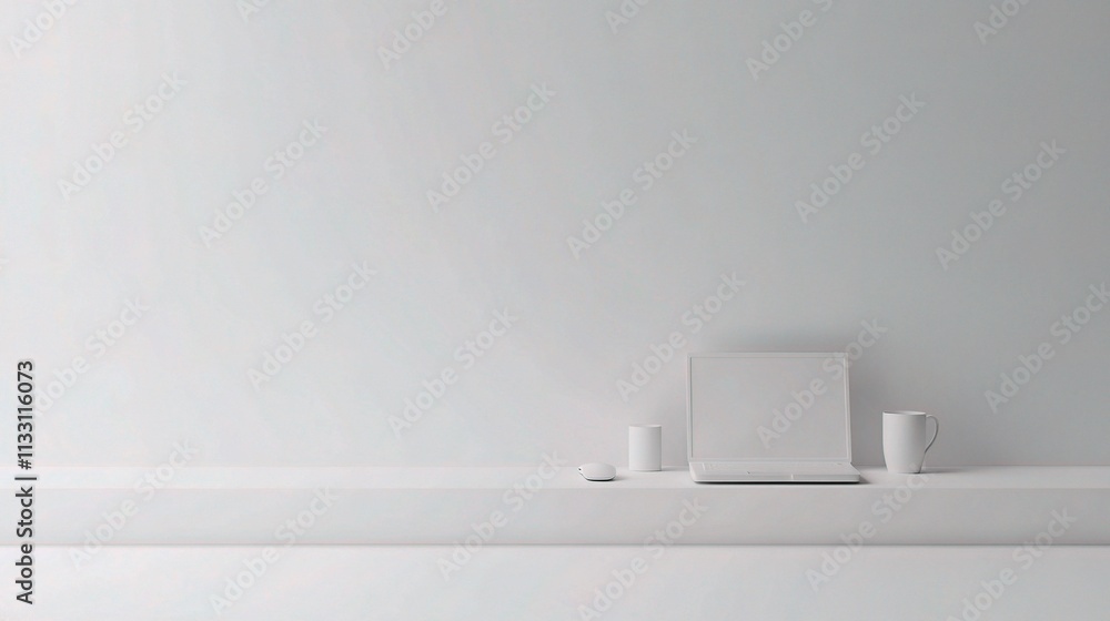Poster minimal white workspace with laptop and mouse for productivity