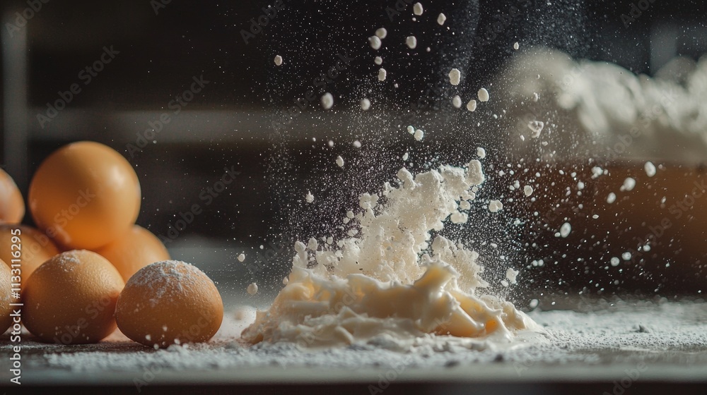 Poster dynamic baking scene with flour and eggs in motion
