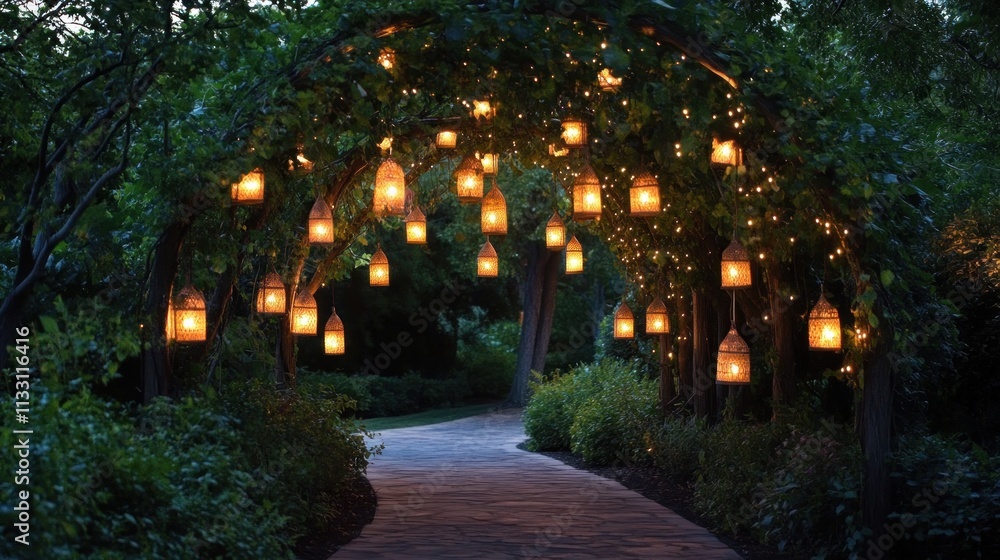 Poster illuminated pathway archway with hanging lanterns at dusk.
