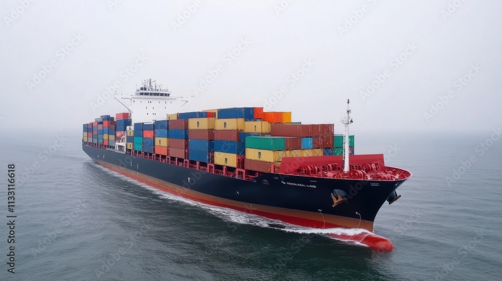Poster container ship navigating through fog with colorful cargo in ocean waters and calm environment