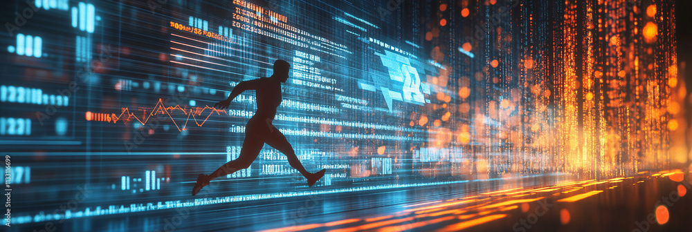 Poster a futuristic data visualization icon linked to athletic performance metrics, symbolizing online plat